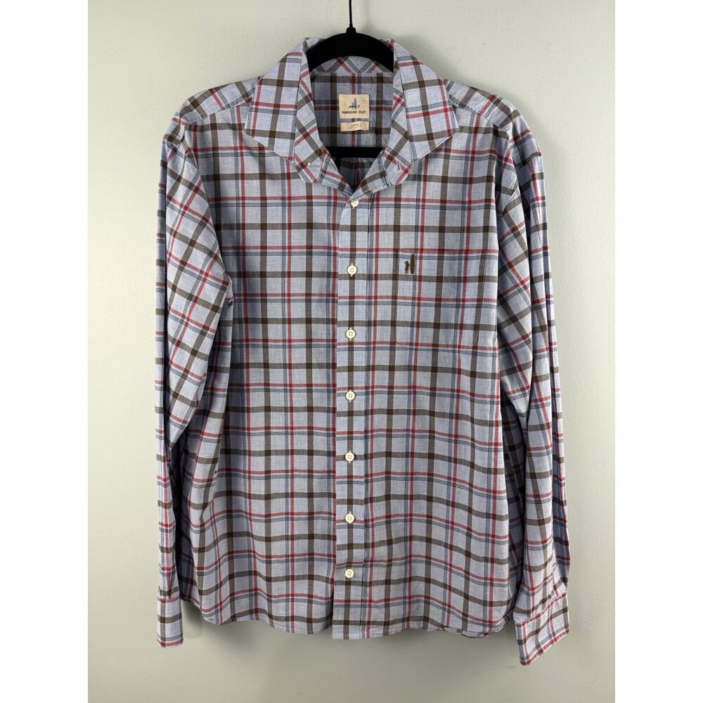 Johnnie-O Mens Hanging Out Button Down Shirt Size L‎ Blue Plaid Preppy Logo